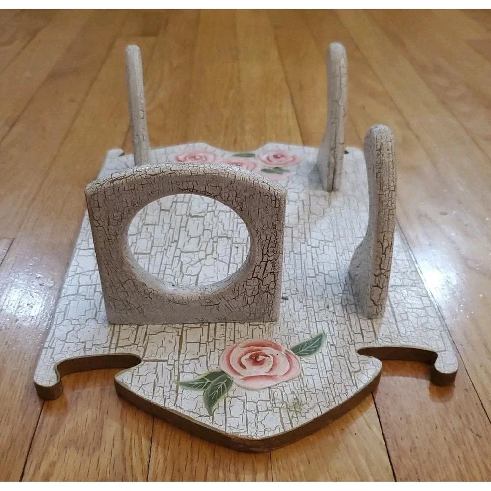 Vintage Shabby Chic Wood Wall Shelf Vanity Organizer Crackle‎ Paint Rose Ribbon
